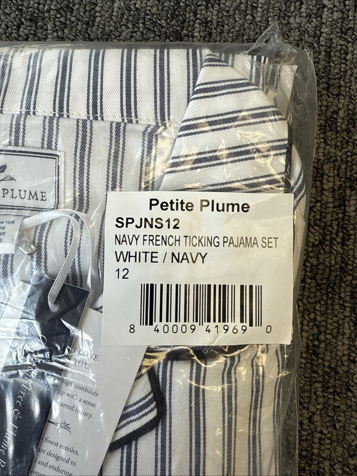 Petite Plume Kid's Twill Pajama Set in Navy French Ticking NWT MSRP $58 Sz 12 - Image 4 of 4