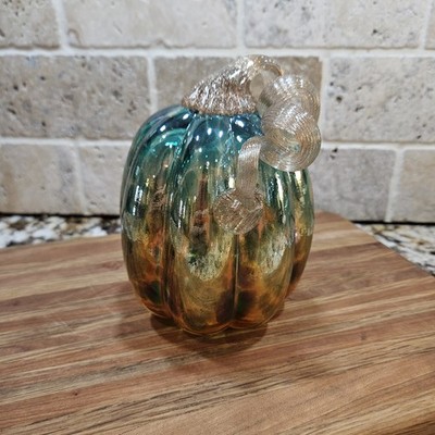Hand Blown Glass Pumpkin Blue And Gold Swirls Glittery Stem 