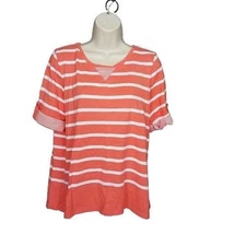 Allison Daley Women Top Petites Medium PM Short Sleeve Coral Stripe Blouse
