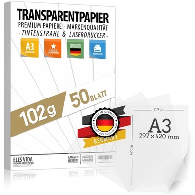 50 Blatt Transparentpapier 102 g/m² DIN A3 BEDRUCKBAR, Pauspapier Bastelpapie...