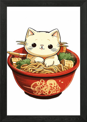 Cat in Ramen Bowl Illustration Framed Wall Art Poster Canvas Print Picture