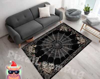 Gothic Spider Web Area Rug - Elegant Black Rug with Floral Border, Unique Living