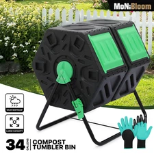 34 Gallon Dual Chamber Compost Bin Composter Tumbling Chamber w/2 Sliding Doors
