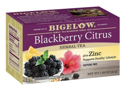 Bigelow Blackberry Citrus Plus Zinc Herbal Tea, Caffeine Free, 18 Count Box