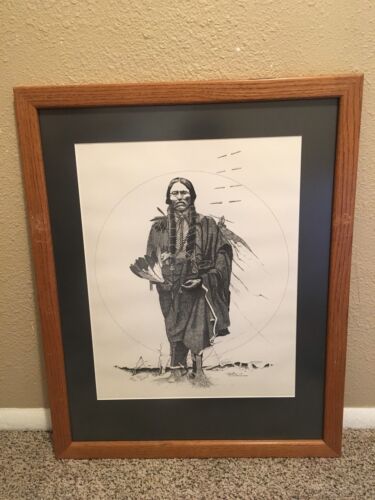 Vintage 1981 Dan Burnett Signed Native American Chief Pencil Drawing Framed - Photo 1 sur 8