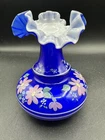 Signed FENTON Glass Cobalt Blue Cased 6” Vase Pinched Ruffle Rim Hand Painted