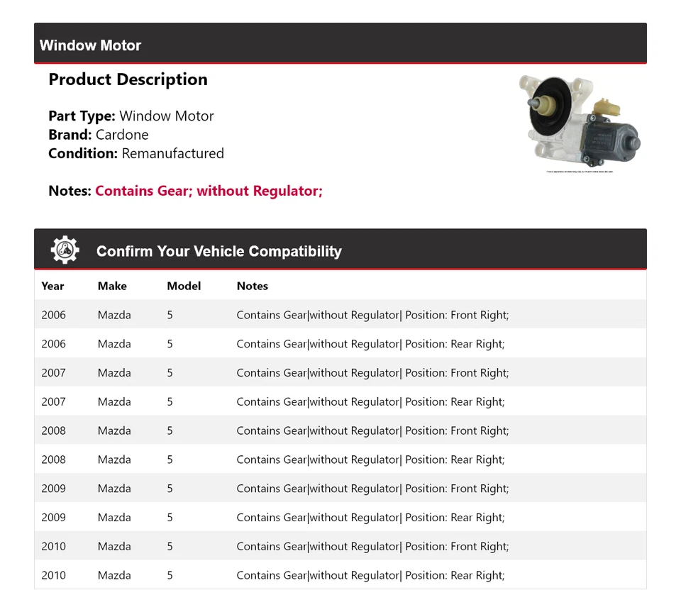 Para Mazda 2006-2010 5 ventanas motor Cardone 2007 2008 2009 Foto 2 de 4