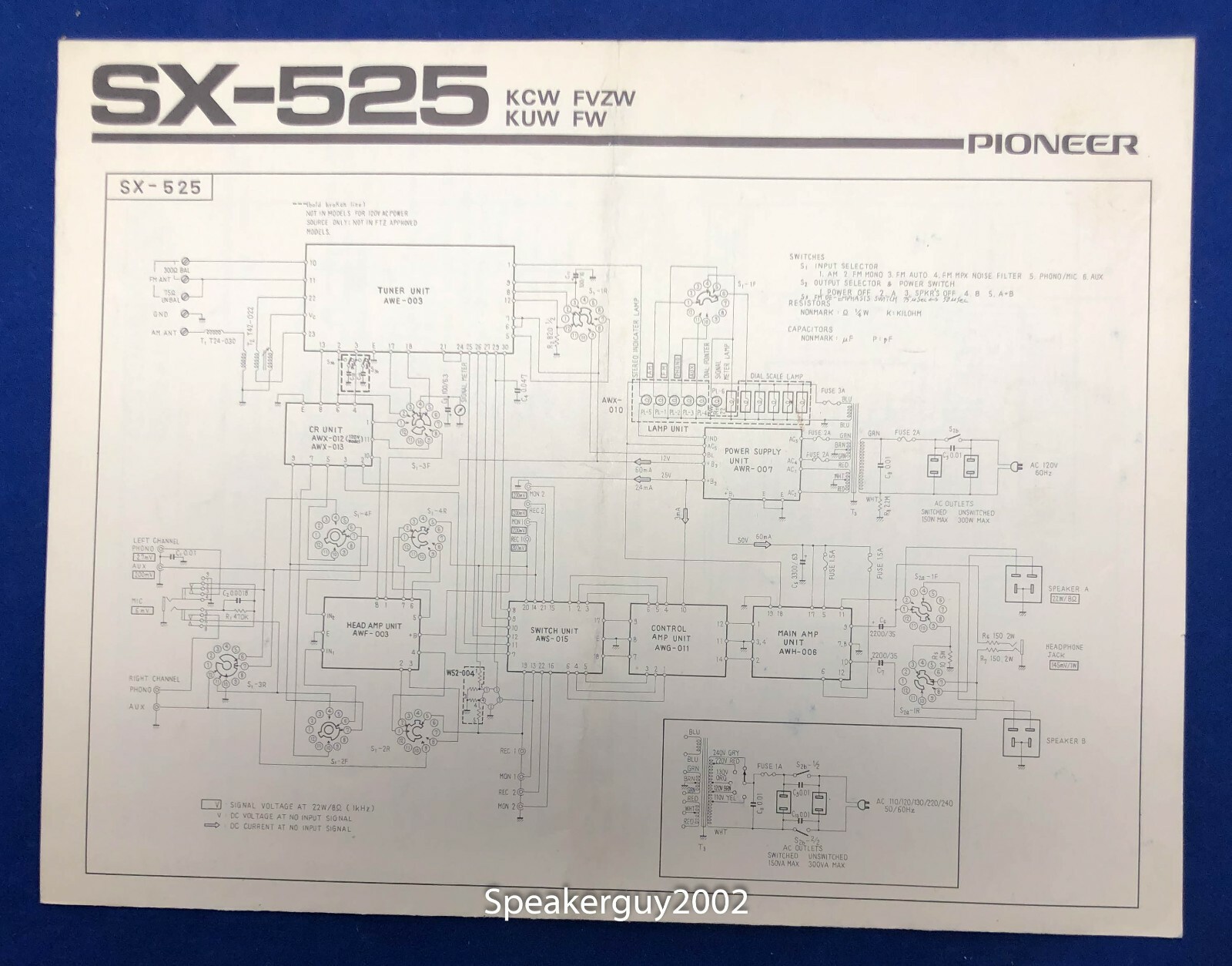 Original Pioneer SX-525 / Stereo Amplifier Service Schematic