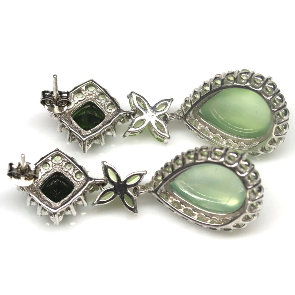 Gemstone Green Prehnite, Peridot & Diopside Earrings 925 Silver White Gold - Image 3 of 4
