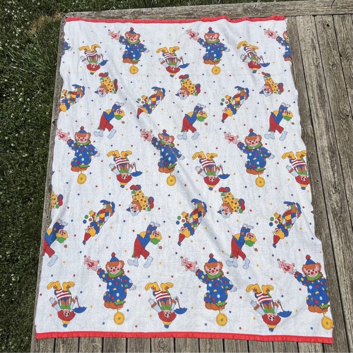 Vintage Clowns Colorful Red Satin Trim Acrylic Blend Twin Blanket