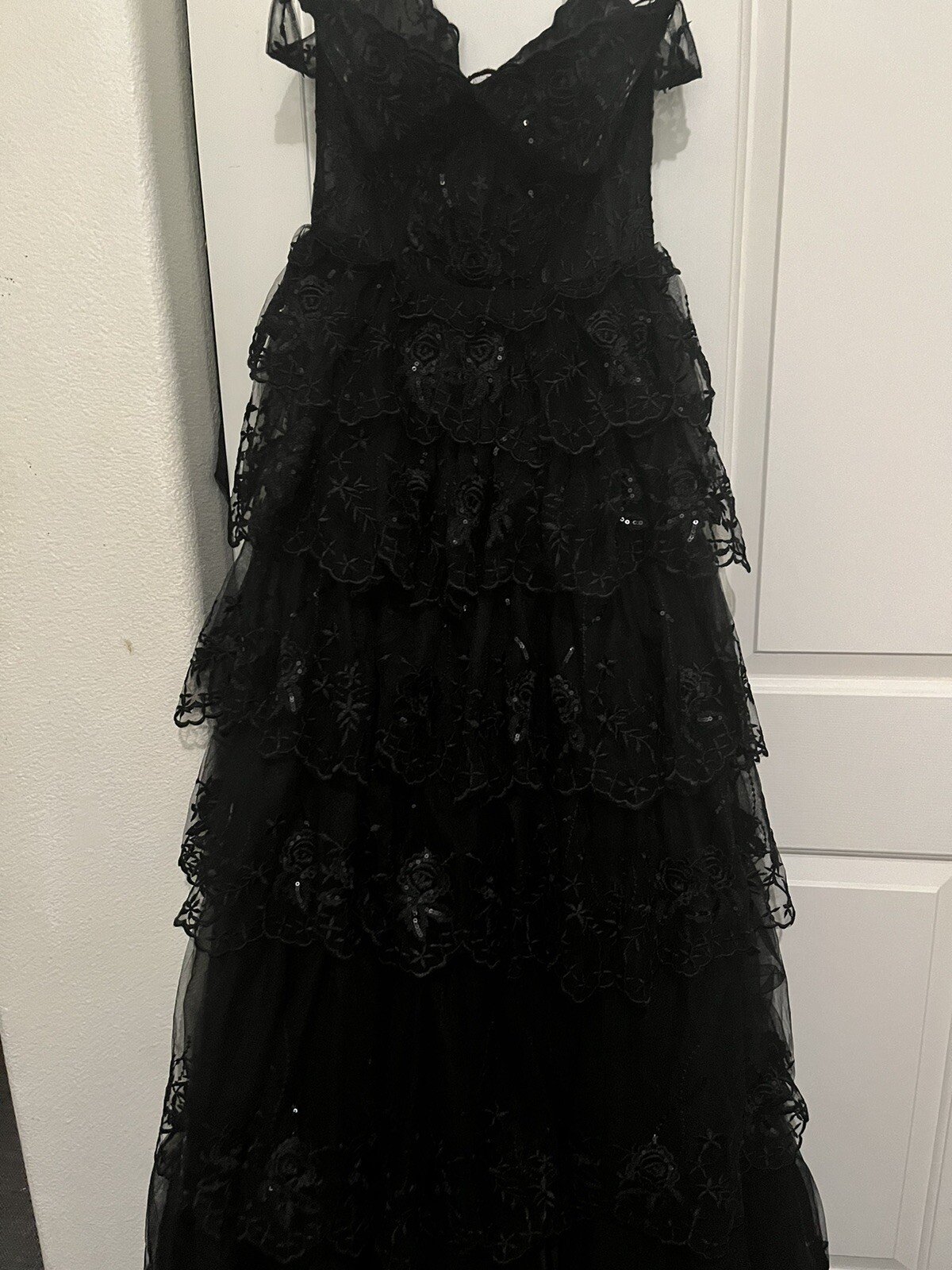 A-Line Sequins Black Tiered Prom Dress with Slit Off Shoulder Floor Length Sparkly