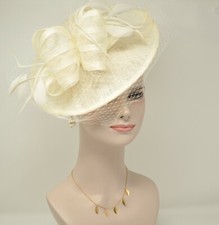 Disc Fascinator Hat with Feathers and Netting Ivory For derby Church