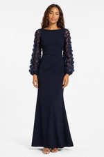 Eliza J Navy Blue Maxi Dress 3D Floral Applique Balloon Sleeve Mother Bride 12