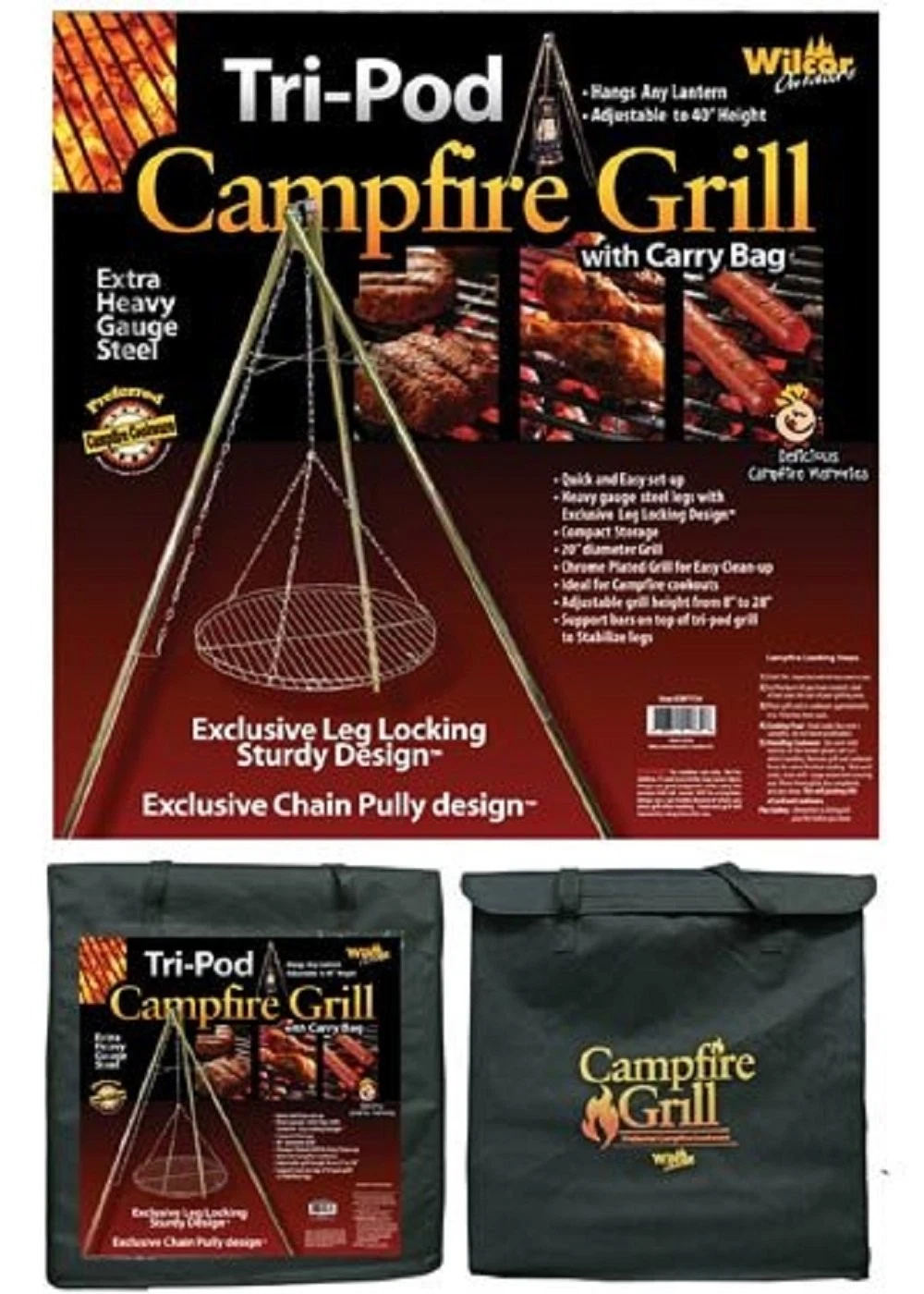 Wilcor Campfire Tripod Grill Adjustable Height Portable Charcoal with Case