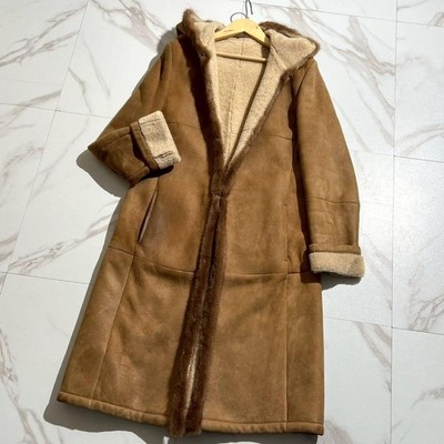 MaxMara Shearling Long Hooded Coat Brown Lamb Leather DemiBuff Mink XL Authentic