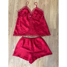 Red Satin Heart Cami Shorts Set Lingerie Women M Romantic Coquette Y2K Sleepwear