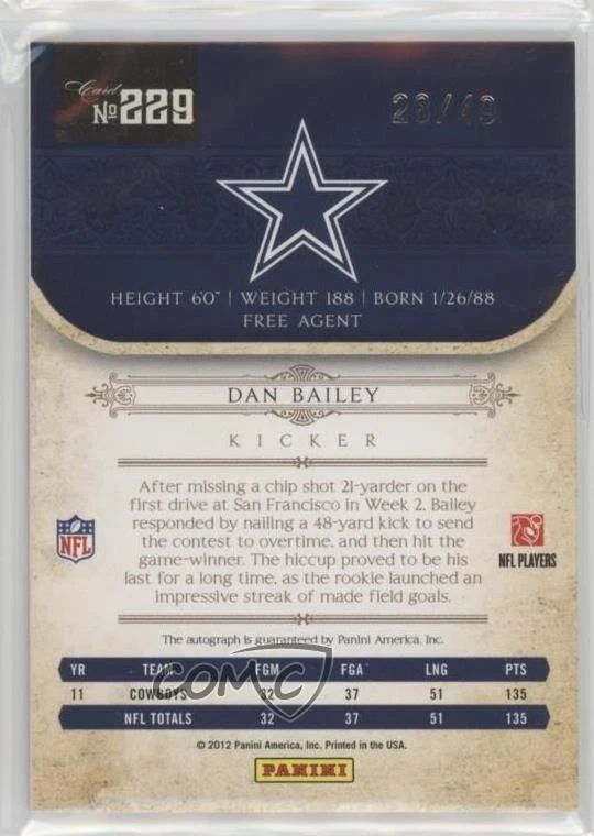 2011 Playoff National Treasures /49 Dan Bailey #229 Rookie Auto RC - Image 2 of 2