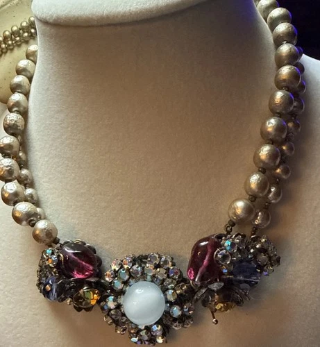 Miriam Haskell Vintage 3 Cluster Bead Necklace Gilt Gold Beads Glamour Runway