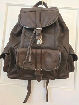 Large Vintage Brown Leather Backpack Rucksack Cowhide Push Lock Pockets Canvas 