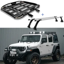 For JEEP Wrangler JL JLU JK Roof Rack Basket Cargo Carrier Cross Bars w/ Lights