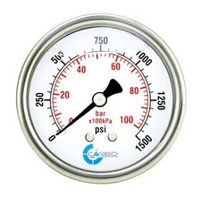 2" Pressure Gauge, Stainless Steel Case, Liquid Filled, Back Mnt, 1500 Psi