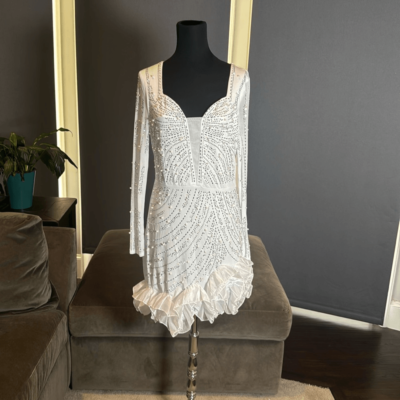 sparkly white bodycon dress WEDTREND Women Sparkly White Short Homecoming Dress with Tassel Bodycon Lace-Up  Back Beaded Cocktail Dress main image 1