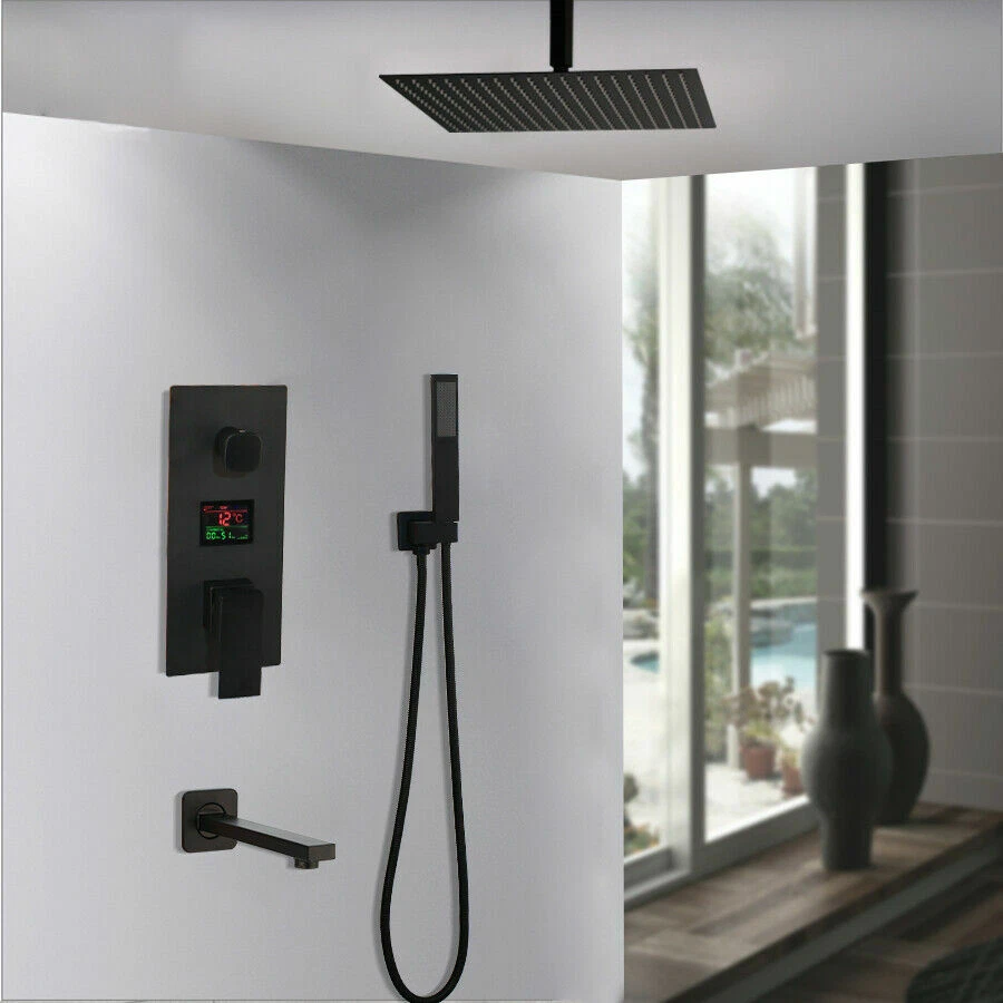 10" Black Shower Set Square Top Head Digital Display Control Valve Mixer Tub Tap