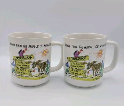 2 Vtg Bob Petley Comic Coffee Mugs ''Howdy From The Middle of Nowhere'' New Mexico
