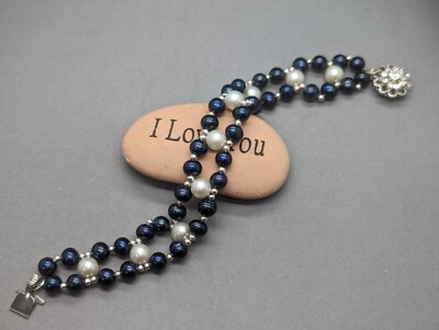 Unique 7.5 Inch Hand Made Black & White Freshwater Pearl Bracelet - Fancy Clasp