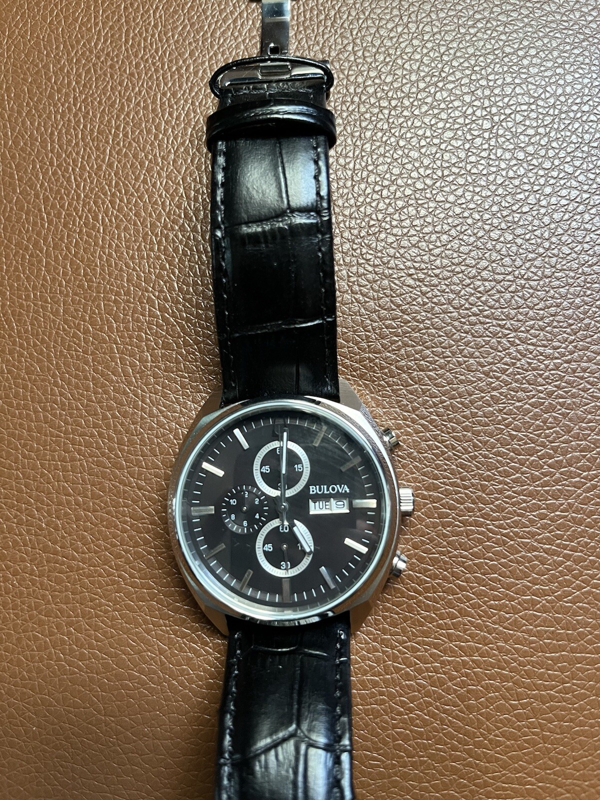 BULOVA 96C133 42mm Silver Stainless Steel Case Black Leather Strap Men