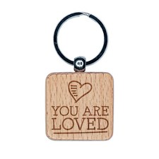 You Are Loved Heart Doodle Engraved Wood Square Keychain Tag Charm