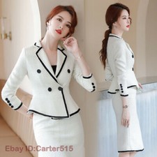 Women White Blazer Office Uniform Business 2 piece set Long Skirt Suit work New