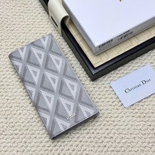 𝘿𝙞𝙤𝙧 CD Diamond Canvas Grey Long Vertical Bifold Wallet Silver Hardware C330