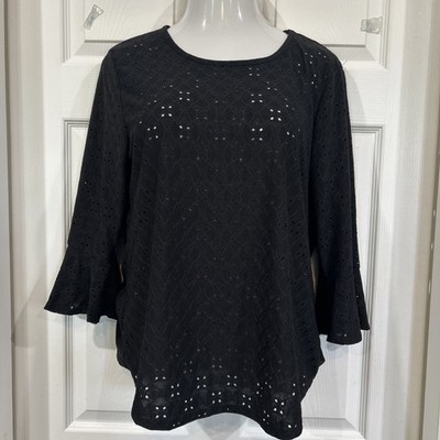 C'est La Vie Black Stretch Eyelet Blouse Top Ruffle Cuff Bell Sleeve Tunic XL