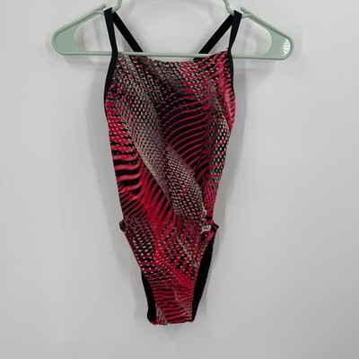 Speedo PowerFLEX Eco Size 30 One Piece Swimsuit Red Black Print Athletic