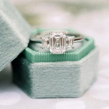 4CT Emerald-Cut Lab Created Solitaire 3Stone Wedding Ring 14K White Gold Plated