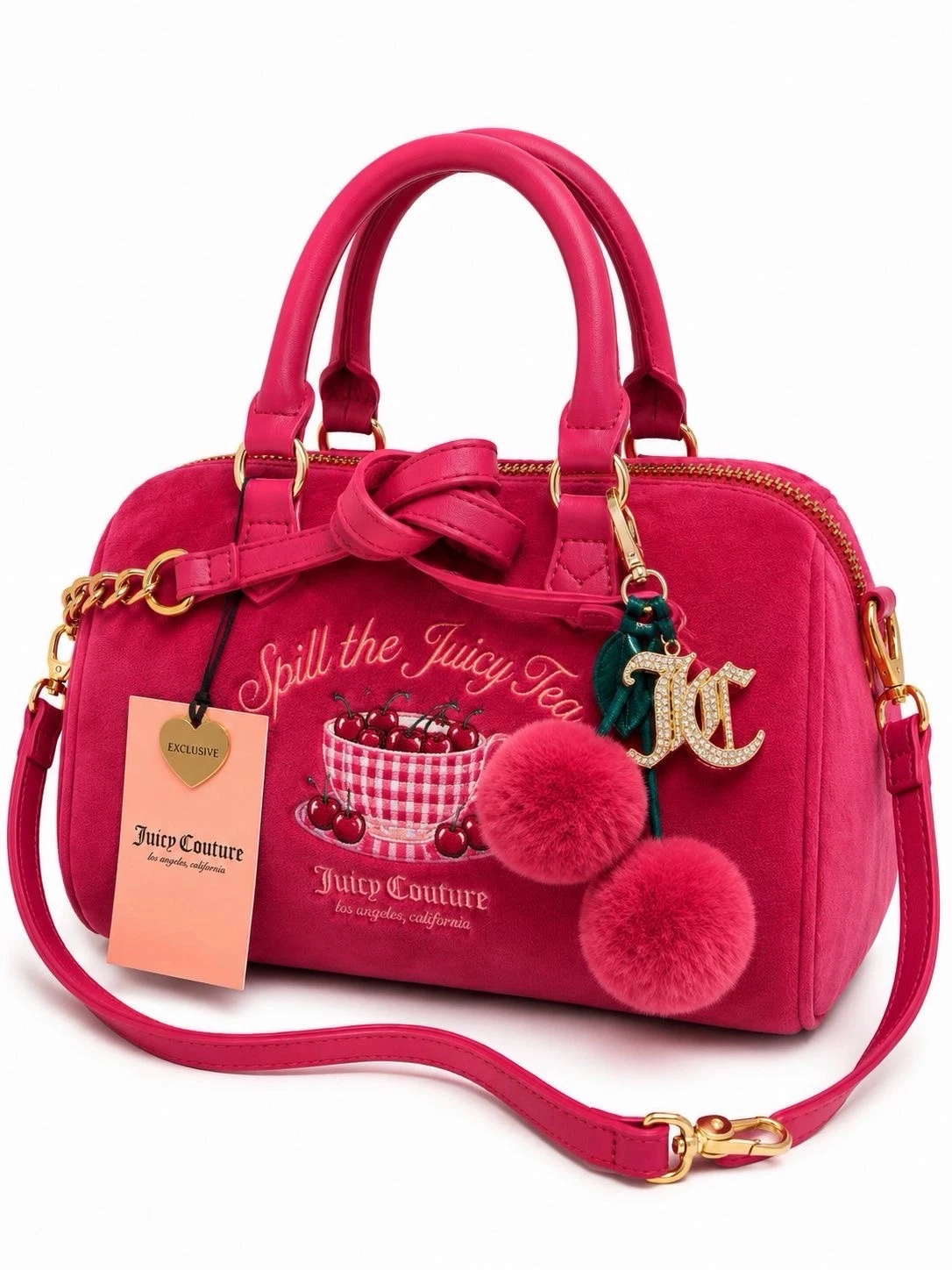 Juicy Couture Satchel Top Handle Pink Pom Pom Charm Embroidered Zip Women