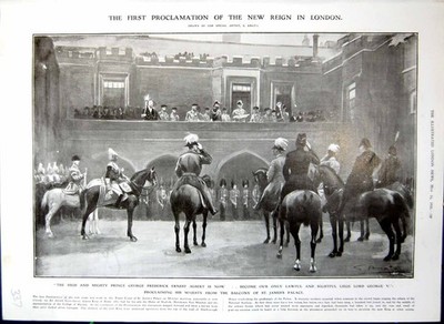 Antiker alter Druck Proklamation George V Trumpeters Access City Carriage 1910