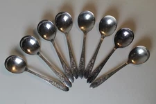 Set Of 8 1937 National Silver Co Silver Plate ROSE & LEAF Cream Soup Spoons