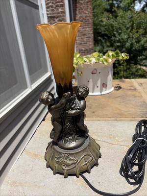 Tabl Lamp Art Deco Brass Electric Cherub Angel Amber Glass Shade