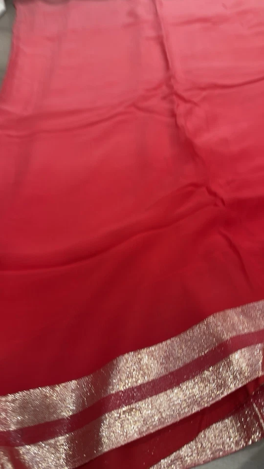 Sari de gasa pura rojo y tono melocotón Foto 2 de 4
