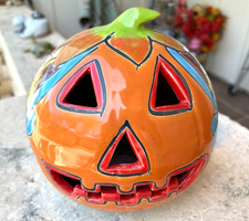 Talavera Pumpkin Jack-o-Lantern Halloween Hand Painted Decor Mexico 8” Colorful!