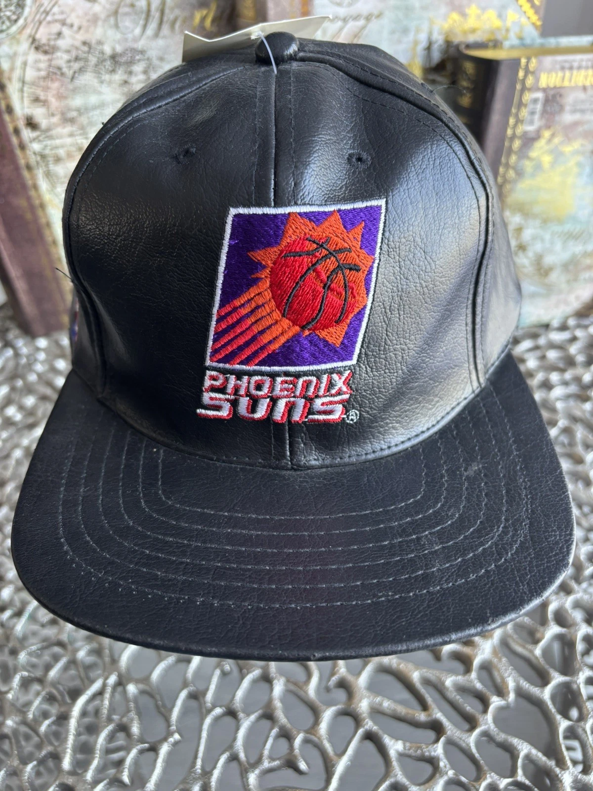 VINTAGE 90'S RARE PHOENIX SUNS BLACK LEATHER STRAPBACK HAT CAP