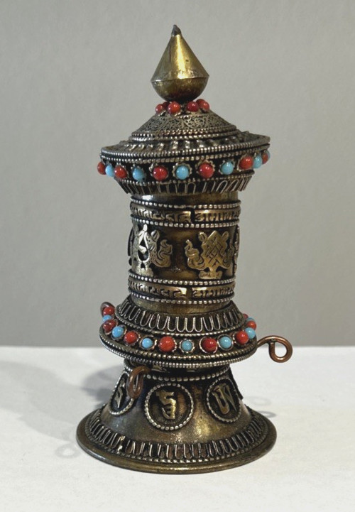 Tibetan Buddhist Handcrafted Spinning Prayer Wheel Tabletop Stand With Scroll 5"