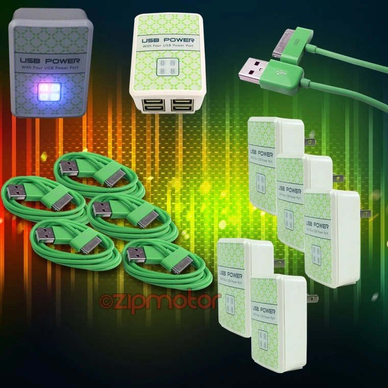 5X 4 USB PORT NETZTEIL + 6FT KABEL LADEGERÄT DATEN GRÜN IPHONE IPOD TOUCH IPAD