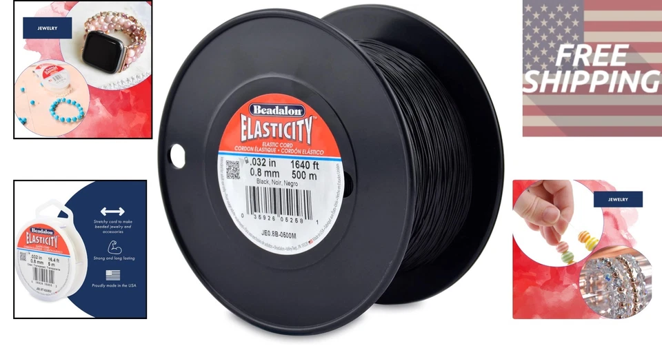 Cordón elástico elástico de lujo de 500 m 0,8 mm negro - ideal para hacer joyas hágalo usted mismo Foto 2 de 4