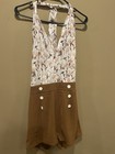 Retro Stage Eyelet Halter Romper Mustard Floral Lace Cutout Small — photo 3
