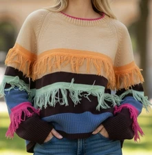 Davi & Dani Colorful Fringe Sweater Womens Size L Wide Sleeve Comfy Tight Knit
