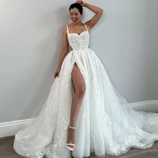Luxury A-Line Wedding Dress Spaghetti Straps Side Slit Lace Applique Bridal Gown