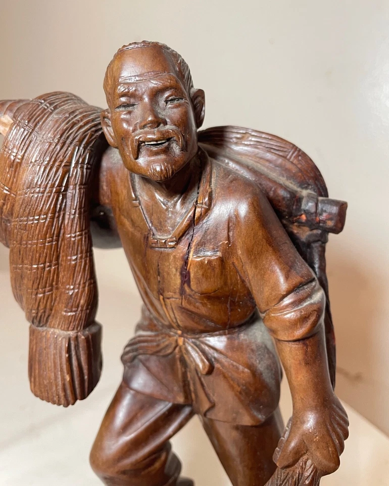 antique Chinese hand carved hard wood fisherman sculpture statue figure glass - Image 4 of 4